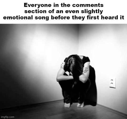 This song helped me through a dark time in my life..... | Everyone in the comments section of an even slightly emotional song before they first heard it | image tagged in depression sadness hurt pain anxiety | made w/ Imgflip meme maker