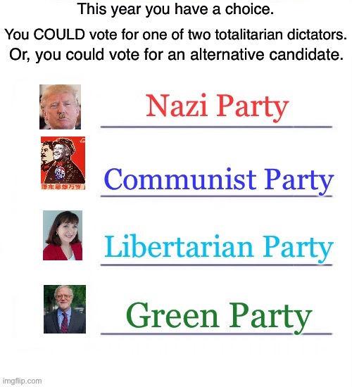 This year you have a choice. You COULD vote for one of two totalitarian dictators. Or, you could vote for an alternative candidate. | image tagged in trump,biden,jorgensen,hawkins | made w/ Imgflip meme maker