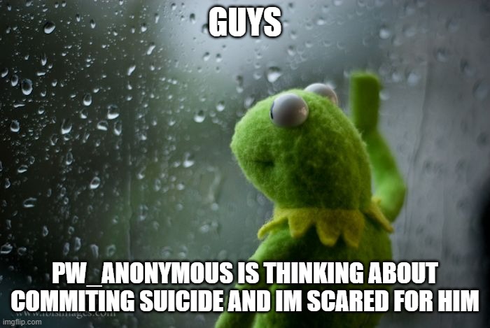 plz talk to him, talk him out of it, im really scared  for him | GUYS; PW_ANONYMOUS IS THINKING ABOUT COMMITING SUICIDE AND IM SCARED FOR HIM | image tagged in kermit window | made w/ Imgflip meme maker
