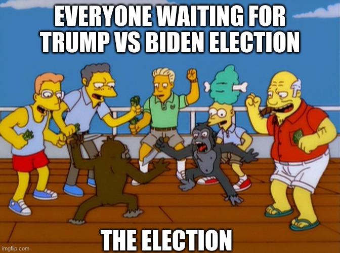 yo america doomed | EVERYONE WAITING FOR TRUMP VS BIDEN ELECTION; THE ELECTION | image tagged in simpsons monkey fight | made w/ Imgflip meme maker