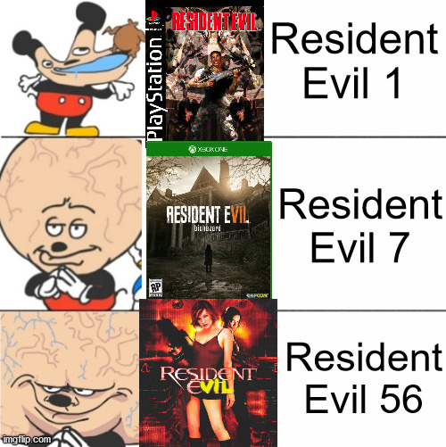 Can't wait for the Xboxxx X Series X Squared Plus XXX | Resident Evil 1; Resident Evil 7; Resident Evil 56 | image tagged in expanding brain mokey,resident evil,sequels,roman numerals | made w/ Imgflip meme maker