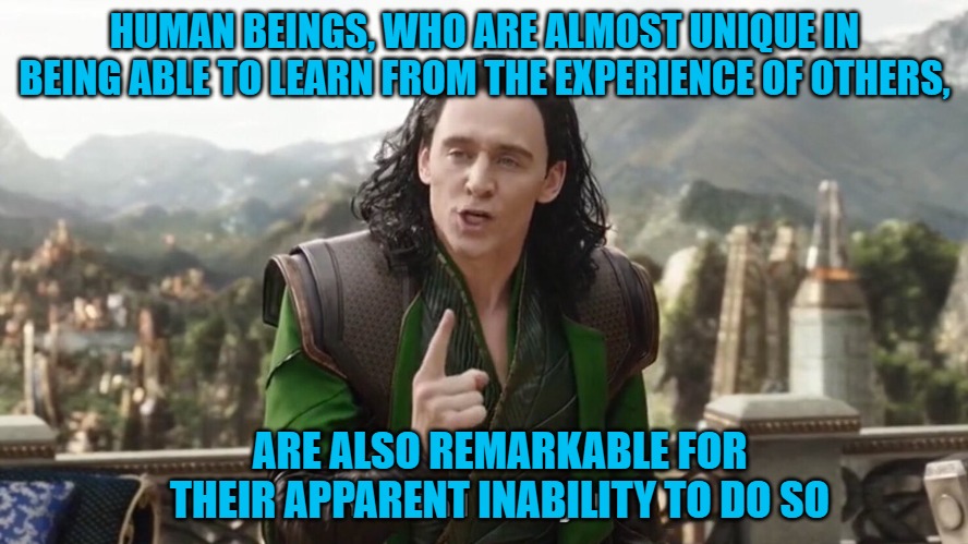 You had one job. Just the one | HUMAN BEINGS, WHO ARE ALMOST UNIQUE IN BEING ABLE TO LEARN FROM THE EXPERIENCE OF OTHERS, ARE ALSO REMARKABLE FOR THEIR APPARENT INABILITY TO DO SO | image tagged in you had one job just the one | made w/ Imgflip meme maker