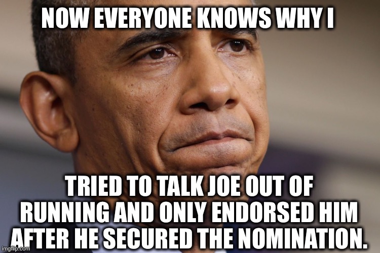 Obama Disappointment  | NOW EVERYONE KNOWS WHY I; TRIED TO TALK JOE OUT OF RUNNING AND ONLY ENDORSED HIM AFTER HE SECURED THE NOMINATION. | image tagged in obama disappointment | made w/ Imgflip meme maker