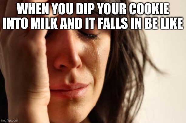 First World Problems Meme | WHEN YOU DIP YOUR COOKIE INTO MILK AND IT FALLS IN BE LIKE | image tagged in memes,first world problems | made w/ Imgflip meme maker