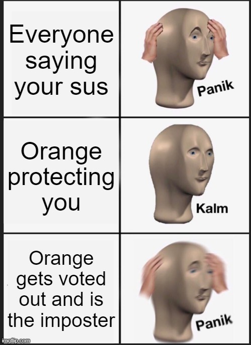 OH NO | Everyone saying your sus; Orange protecting you; Orange gets voted out and is the imposter | image tagged in memes,panik kalm panik | made w/ Imgflip meme maker