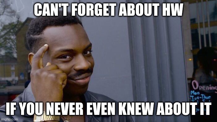 Roll Safe Think About It | CAN'T FORGET ABOUT HW; IF YOU NEVER EVEN KNEW ABOUT IT | image tagged in memes,roll safe think about it | made w/ Imgflip meme maker