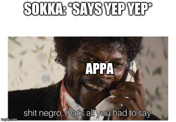 Shit negro, that’s all you had to say | SOKKA: *SAYS YEP YEP*; APPA | image tagged in shit negro that s all you had to say | made w/ Imgflip meme maker