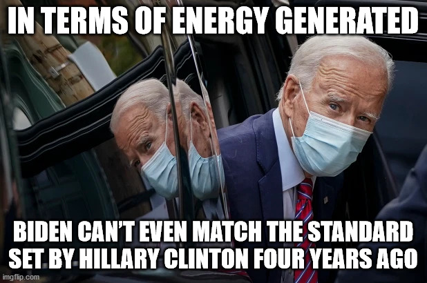 In terms of energy generated, Biden can’t even match the standard set by Hillary Clinton four years ago | IN TERMS OF ENERGY GENERATED; BIDEN CAN’T EVEN MATCH THE STANDARD SET BY HILLARY CLINTON FOUR YEARS AGO | image tagged in joe biden,hillary clinton | made w/ Imgflip meme maker