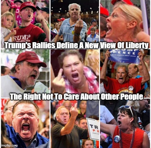 "Trump's Rallies Define A New View Of Liberty" | Trump's Rallies Define A New View Of Liberty;  The Right Not To Care About Other People | image tagged in cruelty,inciting violence,selfishness,trump cult,qanon | made w/ Imgflip meme maker
