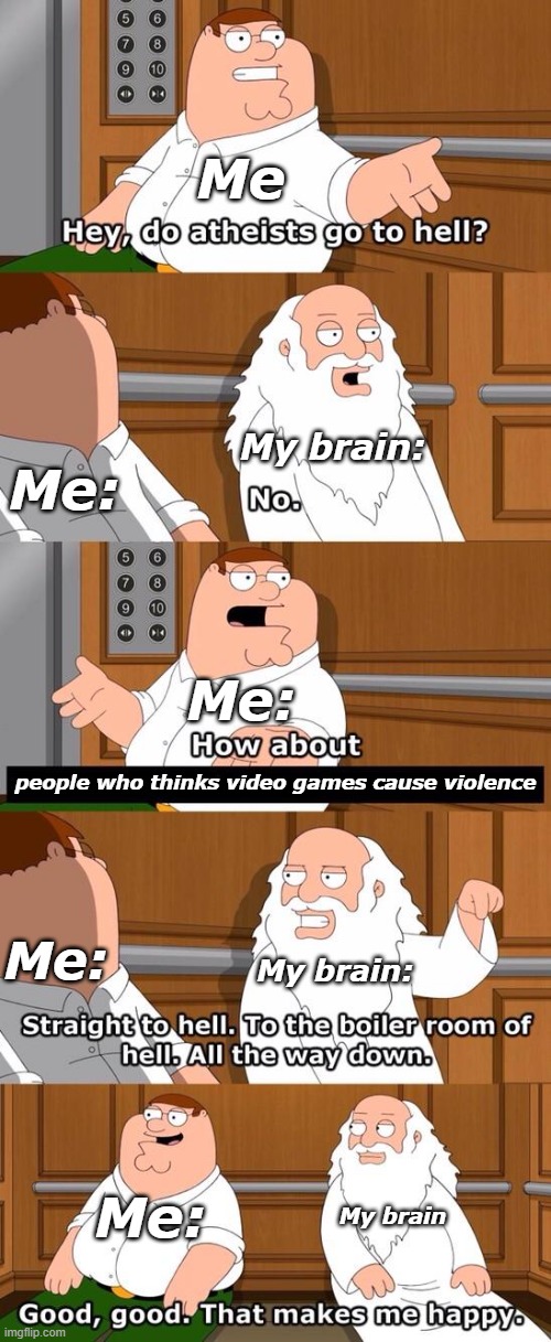 really i hate people who thinks video games cause violence upvote or comment if you agree wtih me | Me; My brain:; Me:; Me:; people who thinks video games cause violence; Me:; My brain:; Me:; My brain | image tagged in the boiler room of hell | made w/ Imgflip meme maker