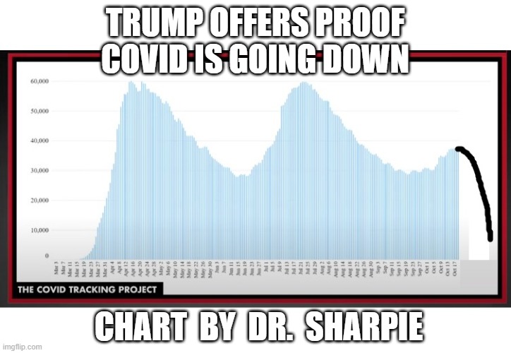 We Have Seen This Trick Before | TRUMP OFFERS PROOF COVID IS GOING DOWN; CHART  BY  DR.  SHARPIE | image tagged in liar in chief,trump equals death,coronavirus,covid-19,pandemic,psychopath | made w/ Imgflip meme maker