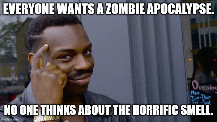 The Zombie Apocalype | EVERYONE WANTS A ZOMBIE APOCALYPSE. NO ONE THINKS ABOUT THE HORRIFIC SMELL. | image tagged in memes,roll safe think about it,zombie apocalypse | made w/ Imgflip meme maker