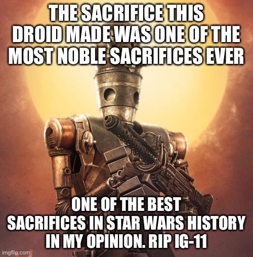 Rip | THE SACRIFICE THIS DROID MADE WAS ONE OF THE MOST NOBLE SACRIFICES EVER; ONE OF THE BEST SACRIFICES IN STAR WARS HISTORY IN MY OPINION. RIP IG-11 | image tagged in ig-11 | made w/ Imgflip meme maker