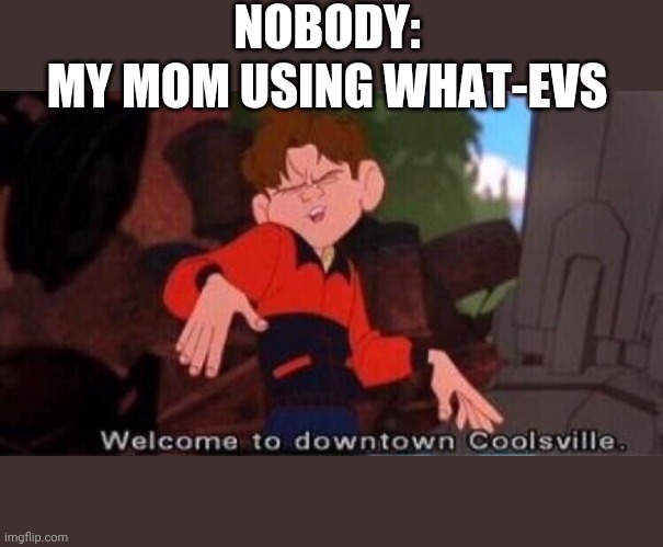 Welcome to Downtown Coolsville | NOBODY:; MY MOM USING WHAT-EVS | image tagged in welcome to downtown coolsville | made w/ Imgflip meme maker
