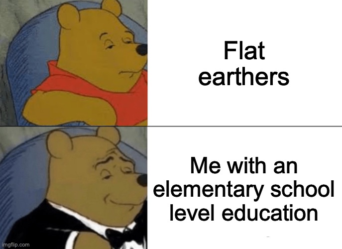 Tuxedo Winnie The Pooh | Flat earthers; Me with an elementary school level education | image tagged in memes,tuxedo winnie the pooh | made w/ Imgflip meme maker