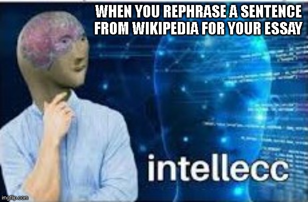 Intellecc meme guy | WHEN YOU REPHRASE A SENTENCE FROM WIKIPEDIA FOR YOUR ESSAY | image tagged in intellecc | made w/ Imgflip meme maker