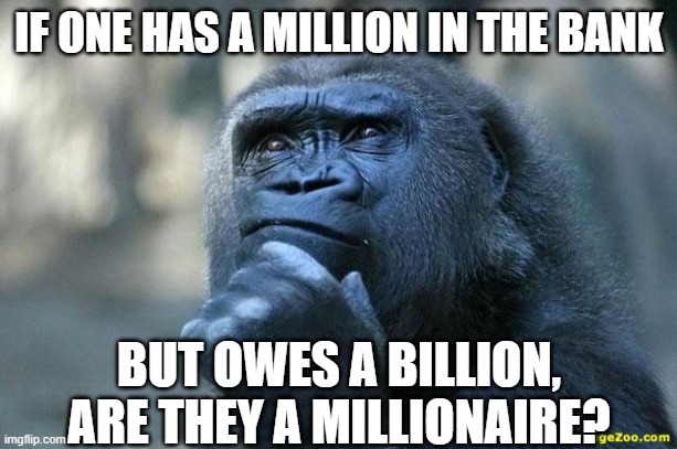 Deep Thoughts | IF ONE HAS A MILLION IN THE BANK BUT OWES A BILLION, ARE THEY A MILLIONAIRE? | image tagged in deep thoughts | made w/ Imgflip meme maker