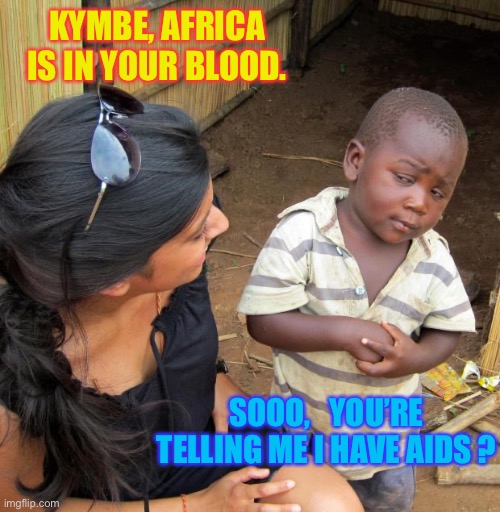 Move over COVID-19... One epidemic at a time please. | KYMBE, AFRICA IS IN YOUR BLOOD. SOOO,   YOU’RE TELLING ME I HAVE AIDS ? | image tagged in 3rd world sceptical child,africa,aids,epidemic,this is getting out of hand,dark humor | made w/ Imgflip meme maker