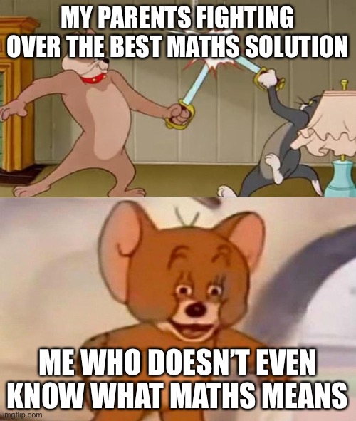 Tom and Jerry swordfight | MY PARENTS FIGHTING OVER THE BEST MATHS SOLUTION; ME WHO DOESN’T EVEN KNOW WHAT MATHS MEANS | image tagged in tom and jerry swordfight | made w/ Imgflip meme maker