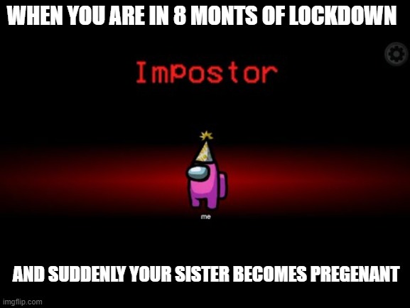 Impostor | WHEN YOU ARE IN 8 MONTS OF LOCKDOWN; AND SUDDENLY YOUR SISTER BECOMES PREGENANT | image tagged in impostor | made w/ Imgflip meme maker