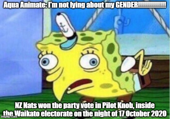 Brandon Eckert and the 2020 New Zealand General Election Results | Aqua Animate: I'm not lying about my GENDER!!!!!!!!!!!!!! NZ Nats won the party vote in Pilot Knob, inside the Waikato electorate on the night of 17 October 2020 | image tagged in memes,mocking spongebob | made w/ Imgflip meme maker