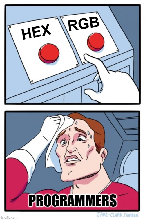 Hard Choice | RGB; HEX; PROGRAMMERS | image tagged in memes,two buttons,programming,humor | made w/ Imgflip meme maker