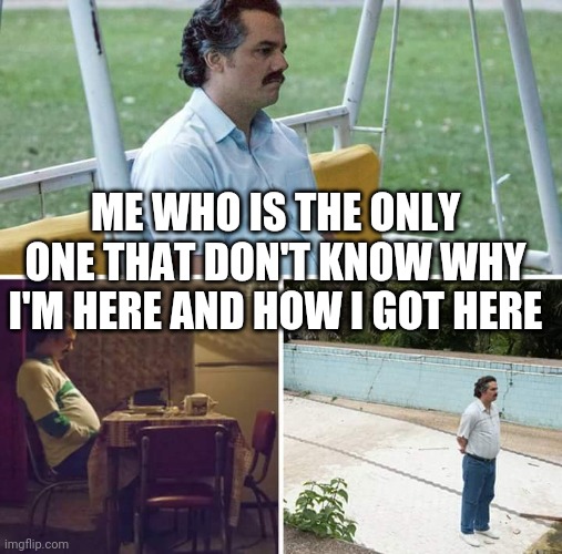Sad Pablo Escobar Meme | ME WHO IS THE ONLY ONE THAT DON'T KNOW WHY I'M HERE AND HOW I GOT HERE | image tagged in memes,sad pablo escobar | made w/ Imgflip meme maker