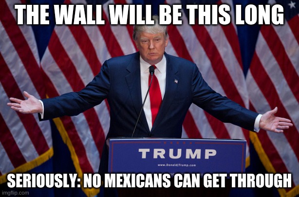 Donald Trump | THE WALL WILL BE THIS LONG; SERIOUSLY: NO MEXICANS CAN GET THROUGH | image tagged in donald trump | made w/ Imgflip meme maker