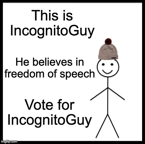 Vote for the only pro-free speech candidate in this election on October 29 | This is IncognitoGuy; He believes in freedom of speech; Vote for IncognitoGuy | image tagged in memes,be like bill | made w/ Imgflip meme maker