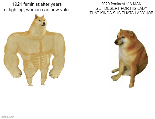 Buff Doge vs. Cheems | 1921 feminist:after years of fighting, woman can now vote. 2020 feminest:If A MAN GET DESERT FOR HIS LADY THAT KINDA SUS.THATA LADY JOB | image tagged in memes,buff doge vs cheems | made w/ Imgflip meme maker