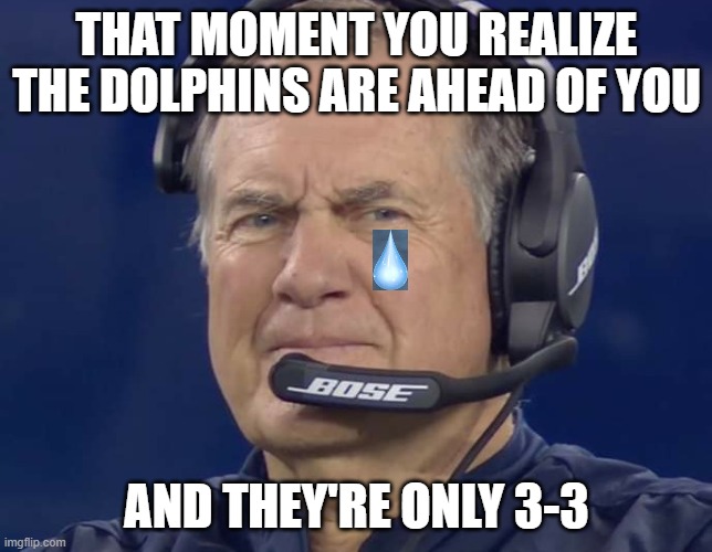 Patriots are 3rd in the AFC East | THAT MOMENT YOU REALIZE THE DOLPHINS ARE AHEAD OF YOU; AND THEY'RE ONLY 3-3 | image tagged in bill bellichick evil smile | made w/ Imgflip meme maker