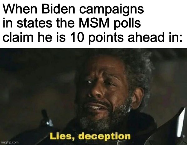 If 2016 taught us anything, it is that the MSM polls cannot be trusted. | When Biden campaigns in states the MSM polls claim he is 10 points ahead in: | image tagged in funny,memes,politics,joe biden,msm lies,star wars | made w/ Imgflip meme maker