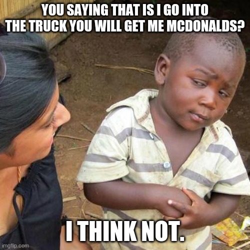 What Kids think when they hear McDonalds | YOU SAYING THAT IS I GO INTO THE TRUCK YOU WILL GET ME MCDONALDS? I THINK NOT. | image tagged in memes,third world skeptical kid | made w/ Imgflip meme maker