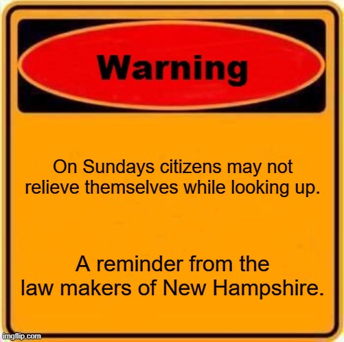 Stupid laws | On Sundays citizens may not relieve themselves while looking up. A reminder from the law makers of New Hampshire. | image tagged in memes,warning sign | made w/ Imgflip meme maker
