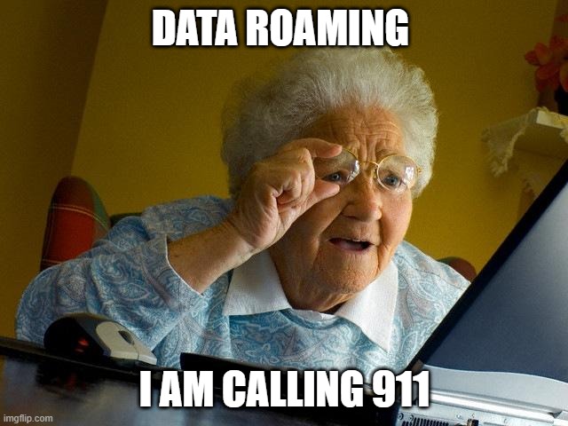 Grandma Finds The Internet Meme | DATA ROAMING; I AM CALLING 911 | image tagged in memes,grandma finds the internet | made w/ Imgflip meme maker