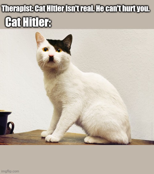 cat hitler | Therapist: Cat Hitler isn't real. He can't hurt you. Cat Hitler: | image tagged in cat hitler | made w/ Imgflip meme maker