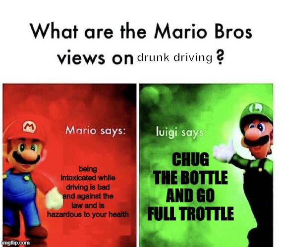 jesus christ, luigi | drunk driving; CHUG THE BOTTLE AND GO FULL TROTTLE; being intoxicated while driving is bad and against the law and is hazardous to your health | image tagged in mario bros views | made w/ Imgflip meme maker