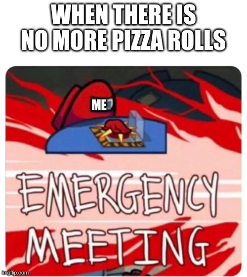 Emergency Meeting Among Us | WHEN THERE IS NO MORE PIZZA ROLLS; ME | image tagged in emergency meeting among us | made w/ Imgflip meme maker