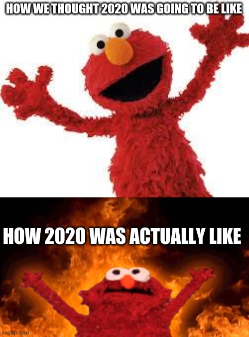 2020 sucks | HOW WE THOUGHT 2020 WAS GOING TO BE LIKE; HOW 2020 WAS ACTUALLY LIKE | image tagged in elmo,elmo fire,2020,funny,upvote if you agree | made w/ Imgflip meme maker