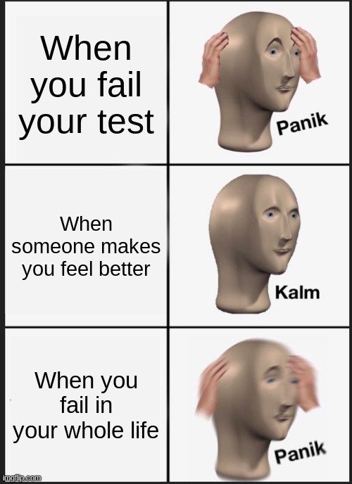 Some things never change |  When you fail your test; When someone makes you feel better; When you fail in your whole life | image tagged in memes,panik kalm panik | made w/ Imgflip meme maker