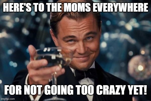 Moms everywhere, thank you. | HERE'S TO THE MOMS EVERYWHERE; FOR NOT GOING TOO CRAZY YET! | image tagged in memes,leonardo dicaprio cheers,mom memes,moms are awesome | made w/ Imgflip meme maker
