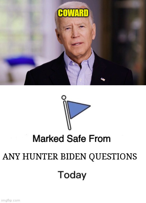 COWARD; ANY HUNTER BIDEN QUESTIONS | image tagged in memes,marked safe from,joe biden 2020 | made w/ Imgflip meme maker