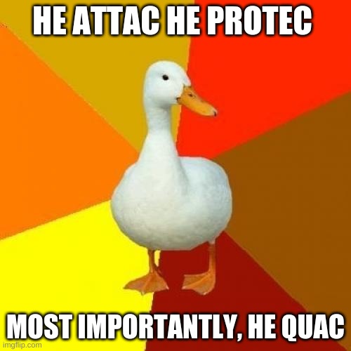 Tech Impaired Duck Meme |  HE ATTAC HE PROTEC; MOST IMPORTANTLY, HE QUAC | image tagged in memes,tech impaired duck | made w/ Imgflip meme maker