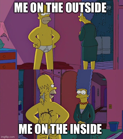 ( sad human noises ) | ME ON THE OUTSIDE; ME ON THE INSIDE | image tagged in homer simpson's back fat | made w/ Imgflip meme maker