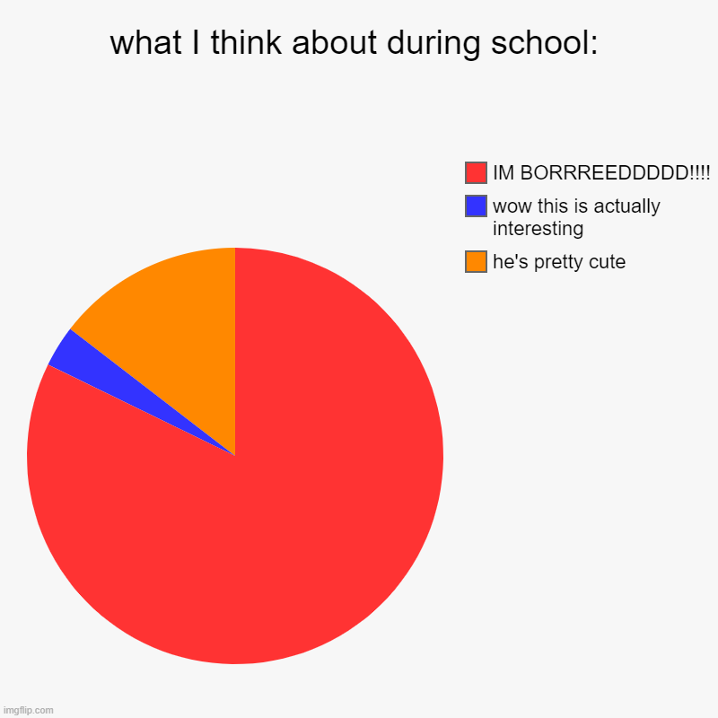 #school facts | what I think about during school: | he's pretty cute, wow this is actually interesting, IM BORRREEDDDDD!!!! | image tagged in charts,pie charts | made w/ Imgflip chart maker