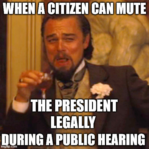 Laughing Leo Meme | WHEN A CITIZEN CAN MUTE; THE PRESIDENT; LEGALLY; DURING A PUBLIC HEARING | image tagged in memes,laughing leo | made w/ Imgflip meme maker
