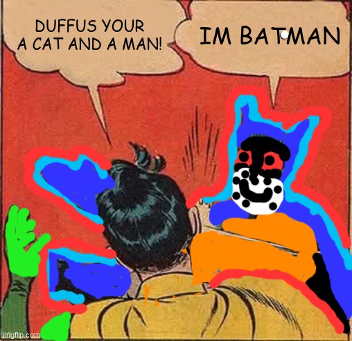 Cat man | DUFFUS YOUR A CAT AND A MAN! IM BATMAN | image tagged in memes,batman slapping robin,cats | made w/ Imgflip meme maker