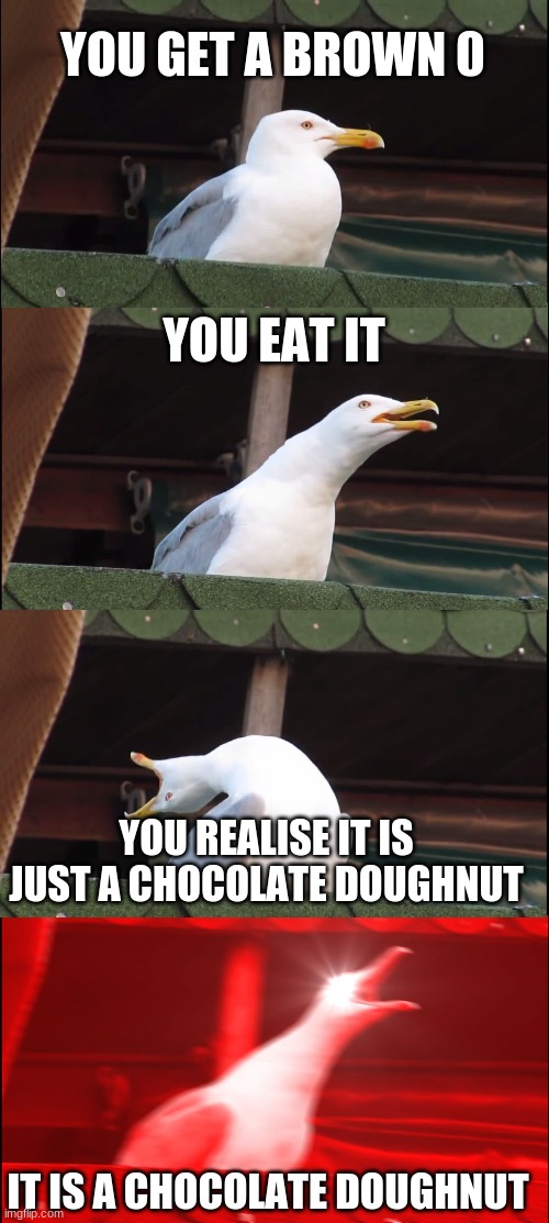 Inhaling Seagull | YOU GET A BROWN 0; YOU EAT IT; YOU REALISE IT IS JUST A CHOCOLATE DOUGHNUT; IT IS A CHOCOLATE DOUGHNUT | image tagged in memes,inhaling seagull | made w/ Imgflip meme maker