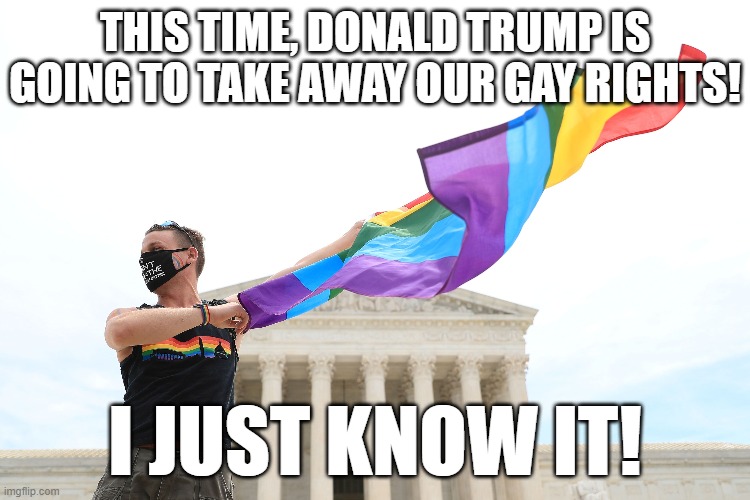 It's been four years. If he hasn't tried by now, he really doesn't give a crap. | THIS TIME, DONALD TRUMP IS
GOING TO TAKE AWAY OUR GAY RIGHTS! I JUST KNOW IT! | image tagged in gay rights,donald trump,memes | made w/ Imgflip meme maker