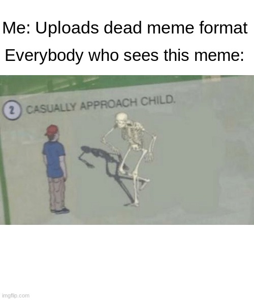 Im screwed | Me: Uploads dead meme format; Everybody who sees this meme: | image tagged in casually approach child | made w/ Imgflip meme maker
